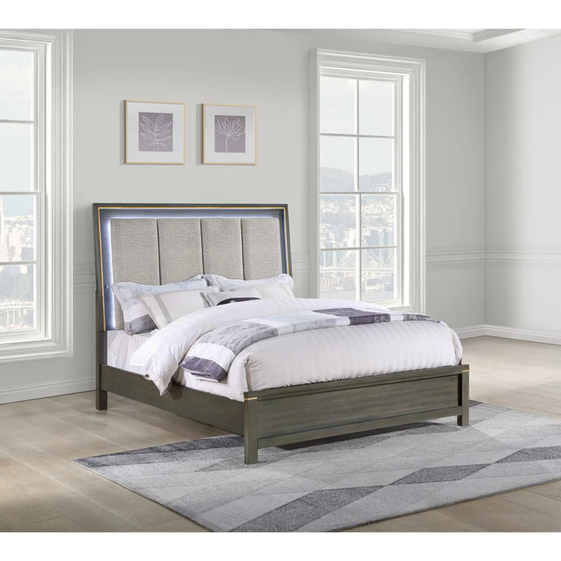 Kieran Queen Panel Bed with Upholstered LED Headboard Grey